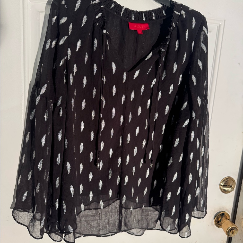 Jennifer Lopez Black Sheer Blouse with White Leaf Print